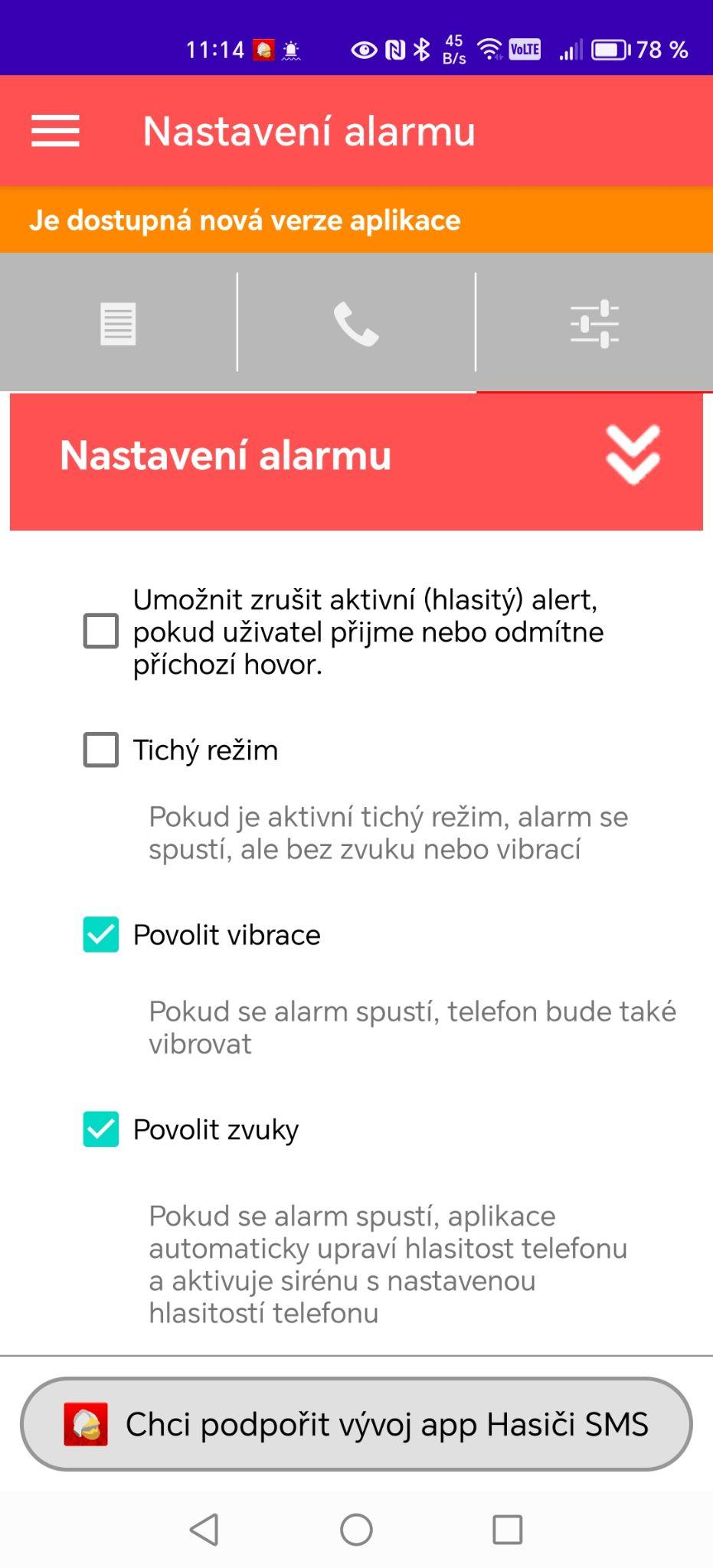 Chování aktivního alarmu