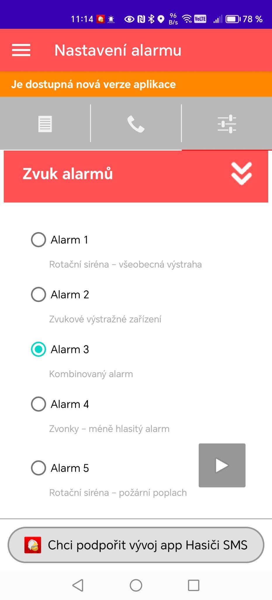 Sedm vestavěných sirén, vlastní zvukový soubor, přehrání ukázky a vlastní hlasitost