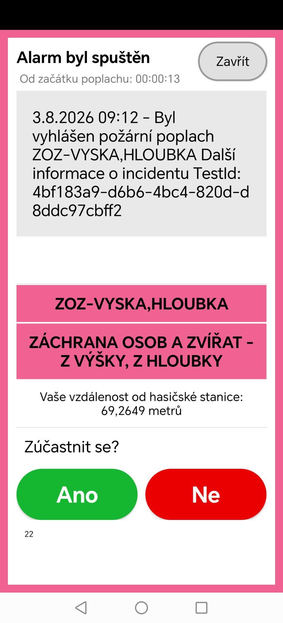 Obrazovka aktivního poplachu